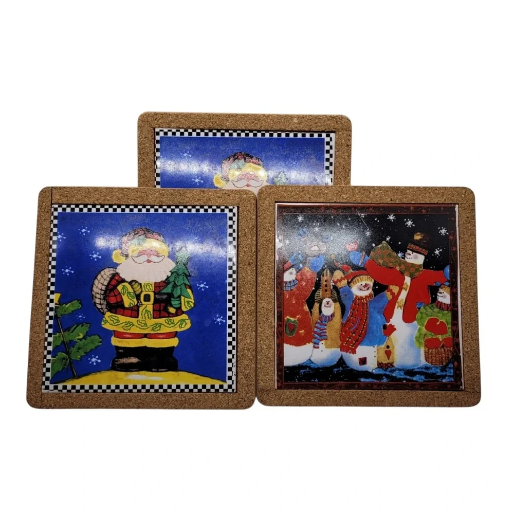 Vintage Christmas Santa Snowman Cork‎ Ceramic Trivets Set of 3 Holiday Decor